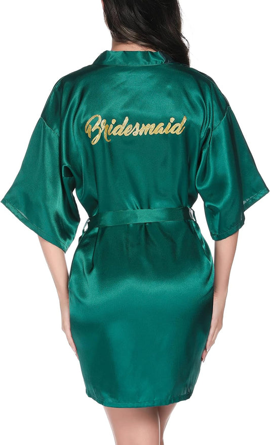 Women's Satin Short Kimono Bathrobes for Brides and Bridesmaids with Gold Glitter or Rhinestone Accents