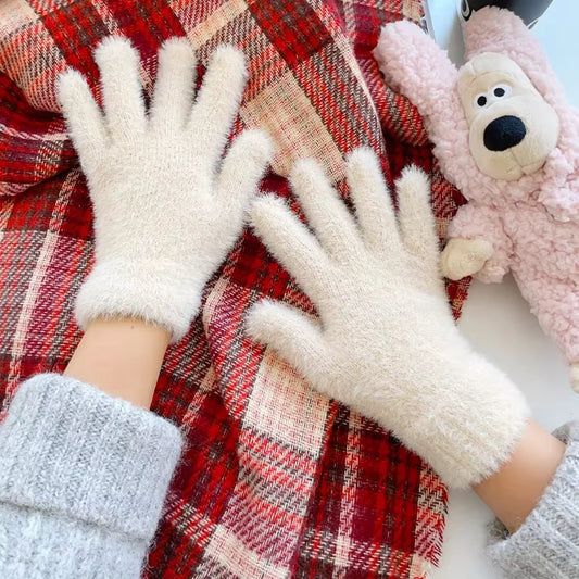 Women's Winter Mink Velvet Five-Finger Gloves - Plush, Warm, and Cold-Proof for Outdoor Cycling - Solid Color Mittens