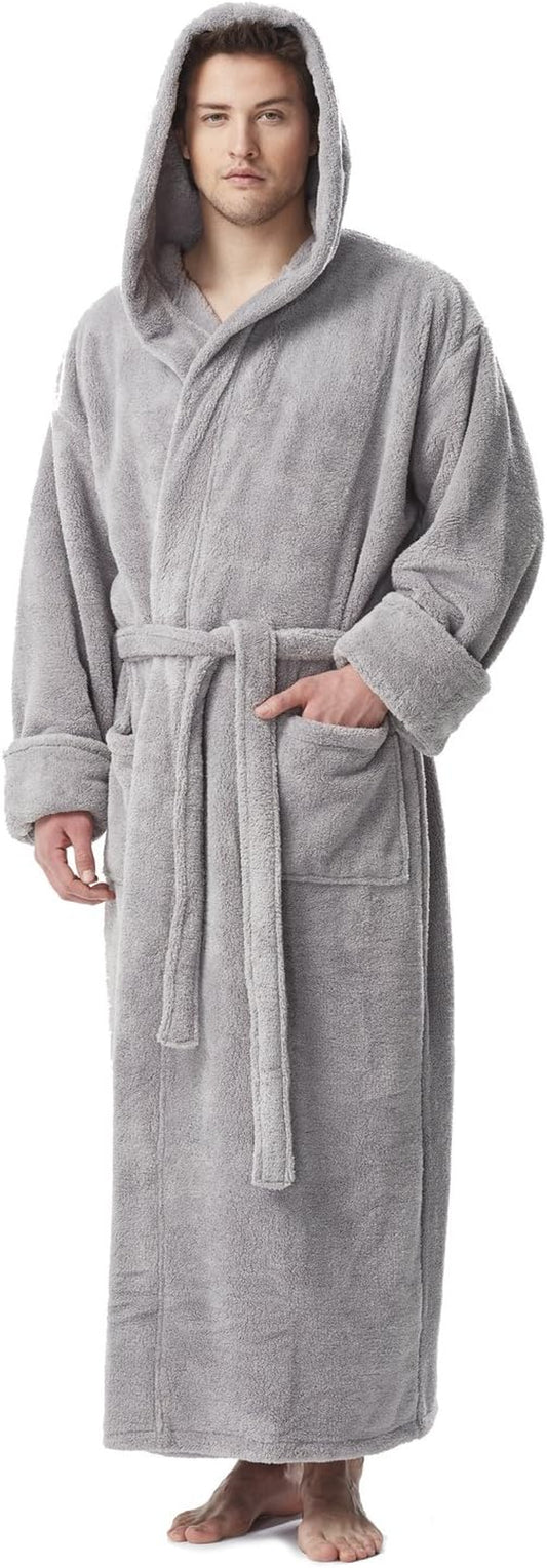 Men's Long Hooded Fleece Bathrobe - Turkish Design